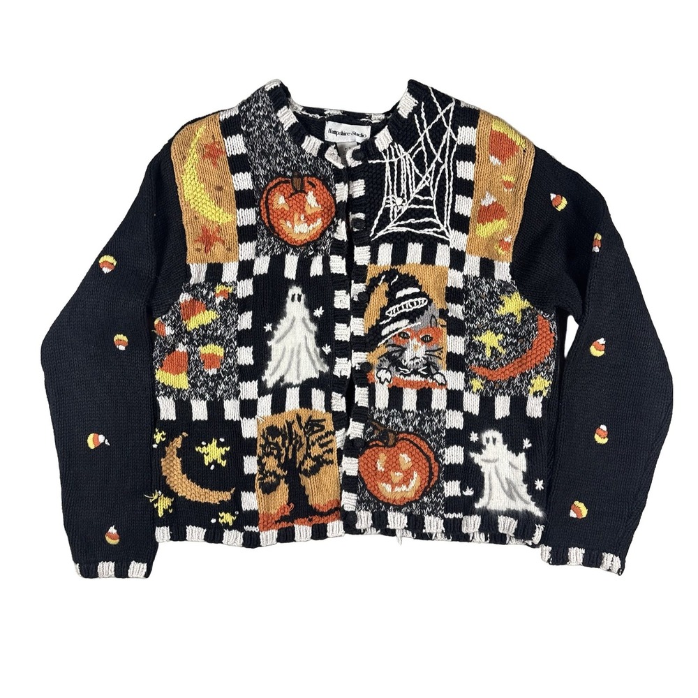 Hampshire Studio Halloween Knit Cardigan Sweater Women Medium Black Orange